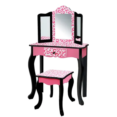 Teamson Kids Vanity Set Wooden Table With Mirror & Stool Black Pink