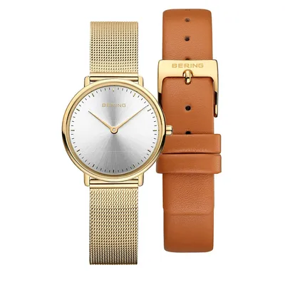 Ladies Ultra Slim Stainless Steel Interchangeable Strap Watch In Yellow Gold/brown