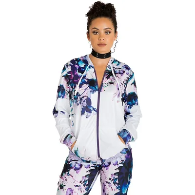 Curvy Women's Active Zip-up Floral Print Poly Tricot Hoodie