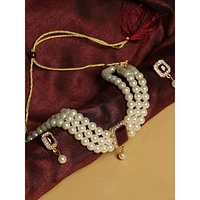 Gold-plated White Maroon Faux-ruby Beaded Jewellery Set