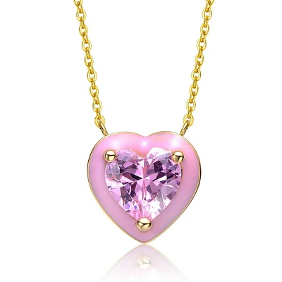 Teens 14k Yellow Gold Plated With Pink Cubic Zirconia Pink Enamel Heart Pendant Necklace