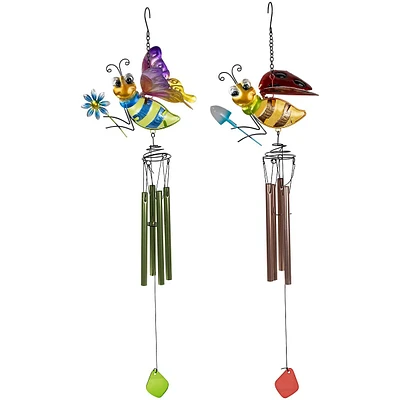 Pink And Green Bees Outdoor Garden Windchimes - 30" - Set Of 2
