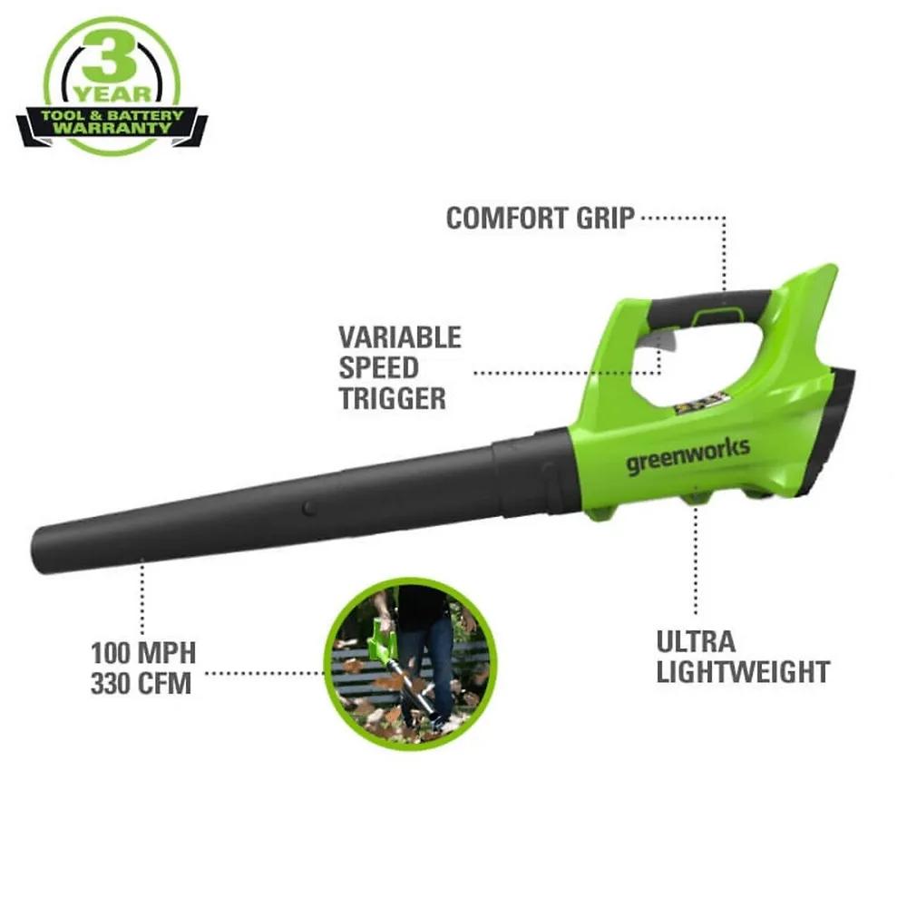 Greenworks 24V Axial Blower (100 MPH / 330 CFM), 2.0Ah Battery and Charger