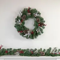 Pre-lit Battery Operated Frosted Pine Cone And Berries Christmas Wreath - 24" - White Led Lights