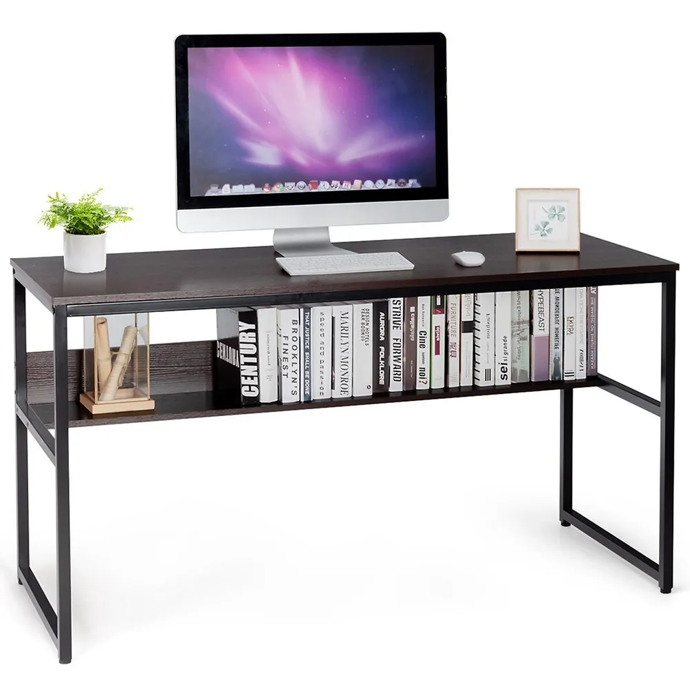 Costway 48 in. Gray Wood Reversible L Shaped Computer Desk Home Office Table Adjustable Shelf