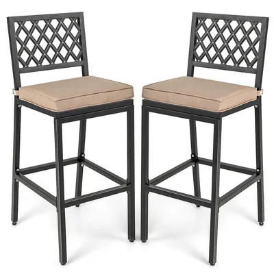 Set Of 2 Patio Metal Bar Stools Outdoor Bar Height Dining Chairs With Cushion