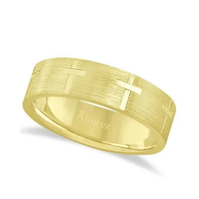Carved Wedding Band With Crosses 14k Yellow Gold (7mm)
