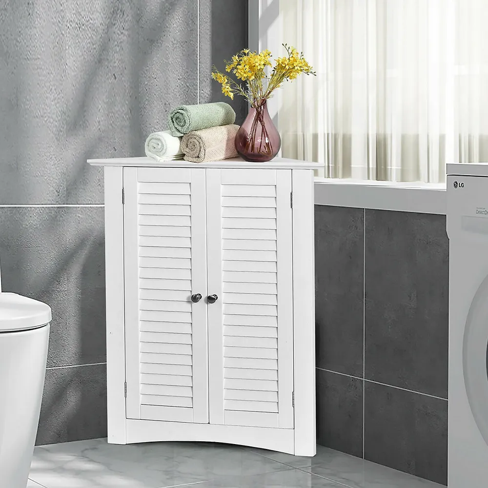 Tall Bathroom Floor Cabinet with Shutter Doors and Adjustable Shelf-Black | Costway