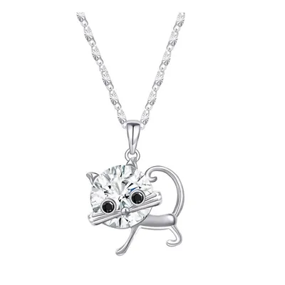 Silver Tone Clear Heritage Precision Cut Crystal Cat Pendant Necklace