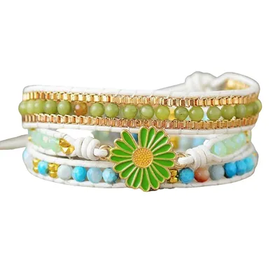 Handmade Blue Green Gemstone Wrap Bracelet With Green Flower