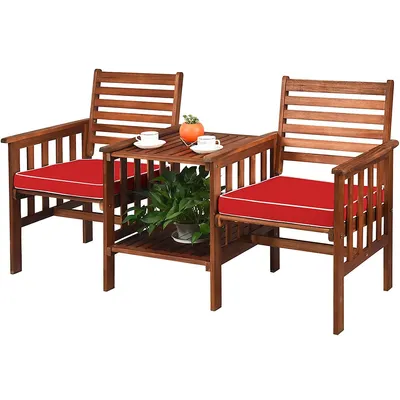 Patio Loveseat Conversation Set Acacia Wood Chair Coffee Table Cushioned