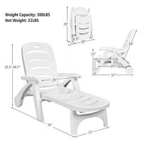 Folding Chaise Lounge Chair 5-position Adjustable Rolling Recliner W/ Wheels