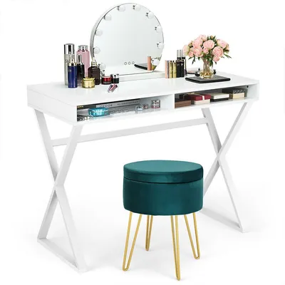 Vanity Table Set Writing Desk Makeup Table W/round Storage Ottoman Green