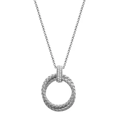 Unity Sterling Silver Rhodium Plated Double Mesh Round With Cubic Zirconia Pendant Necklace