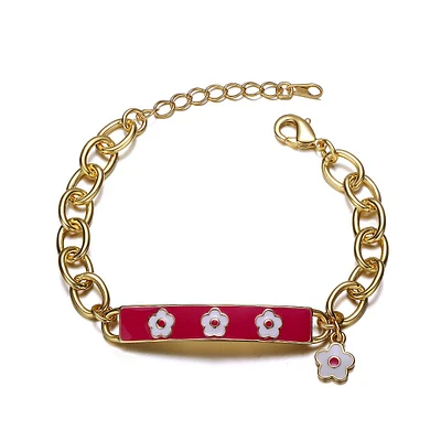 Kids 14k Gold Plated Hot Pink Flower Charm Bar Bracelet