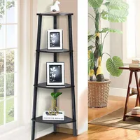 Costway 4-tier Corner Shelf Metal Storage Rack Domestic Bookcase Display Stand Wood Grey