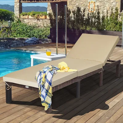 Outdoor Rattan Lounge Chair Recliner Adjustable Cushioned Patio Yard