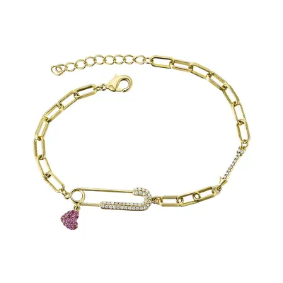 Children's 14k Yellow Gold Plated With Ruby Cubic Zirconia Safety Pin Dangle Heart Charm Adjustable Bracelet