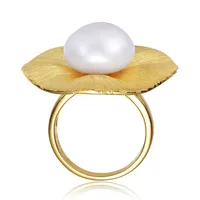 Sterling Silver 14k Yellow Gold Plating With Genuine Freshwater Pearl Floral Ring