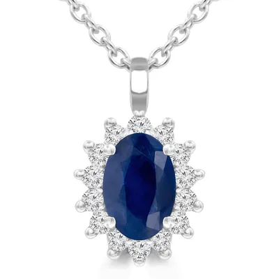 0.85 Ct Oval Blue Sapphire Halo Pendant Necklace 14k White Gold