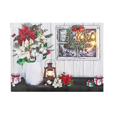 Christmas Led Canvas Wall Art Poinsettia Beside Window 12x16