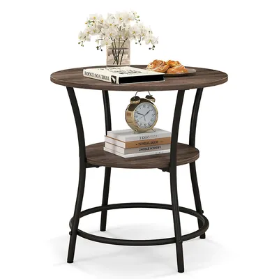 2-tier Side Table Compact Round Metal Frame Coffee Table W/ Open Shelf Oak
