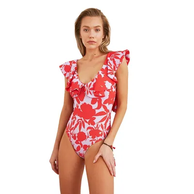 Women Floral Ruffle Detailed Knitted Swimsuit