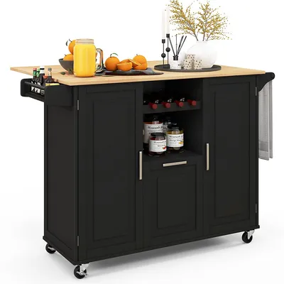 Rolling Kitchen Island Utility Serving Cart With Drop Leaf Wine Rack Drawer Black/white