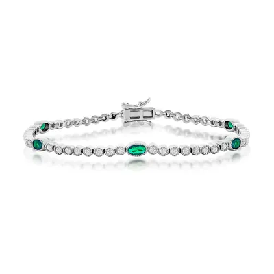 Sterling Silver Beaded Outline Round & Oval Cz Bracelet (green, Blue, Or Red)