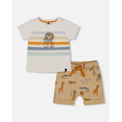 Top And French Terry Short Set Beige Printed Jungle Animal