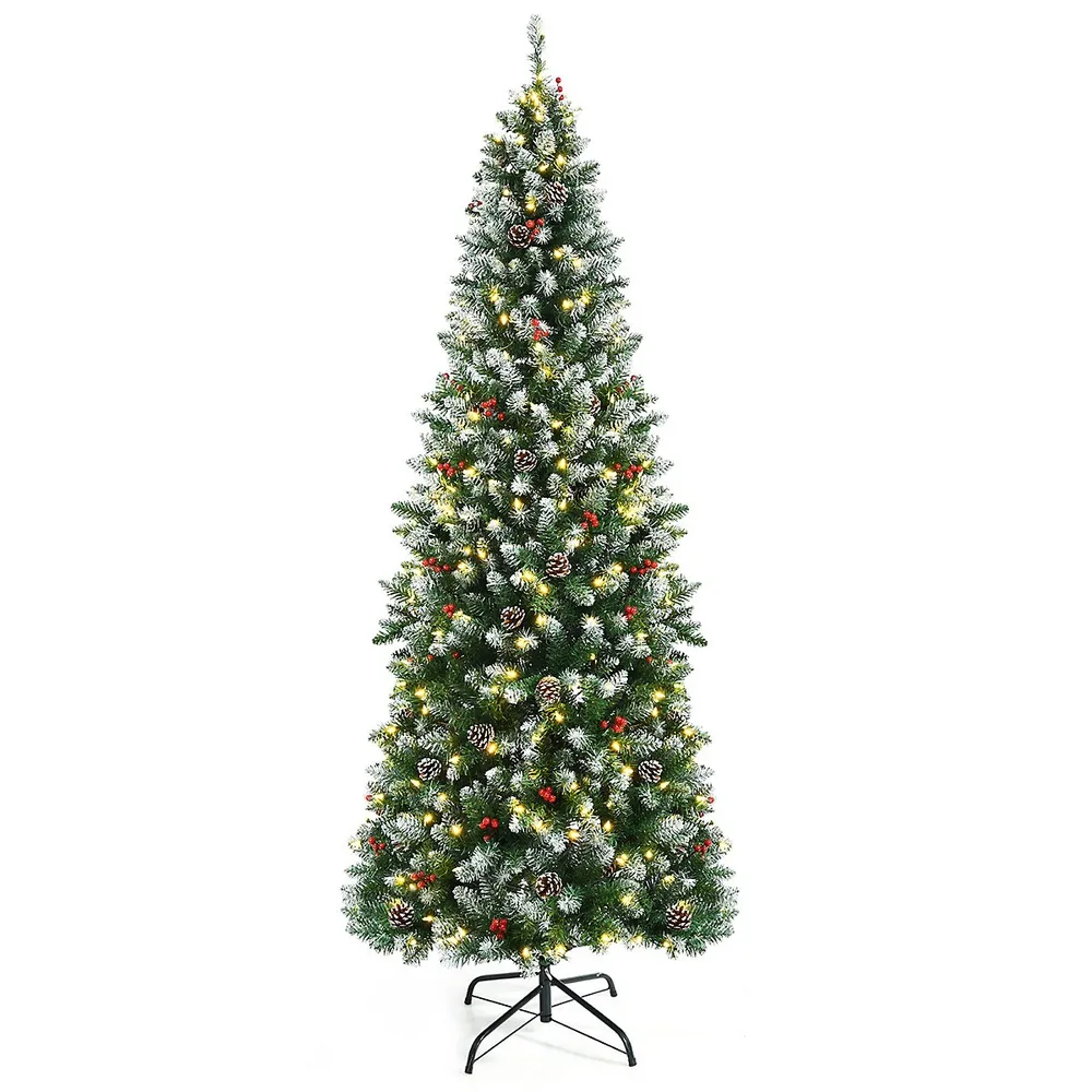 7 Feet Snow Flocked Christmas Tree with Pine Cone and Red Berries - Costway