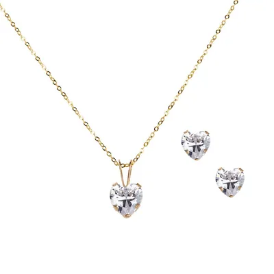 10kt 18" With Cz Heart Pendant And Earrings Set