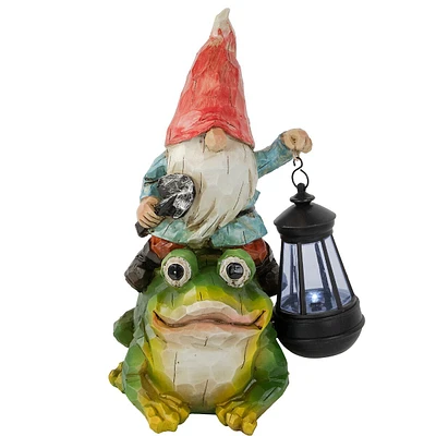 12.5" Solar Led Lighted Gnome And Frog Outdoor Garden Statue