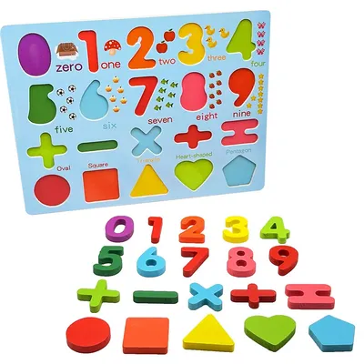 Wooden Numbers, Math Symbols, & Shapes Puzzle Board