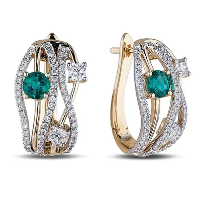 14k Yellow Gold 0.74 Cttw Colombian Emerald & 1.24 Cttw Diamond Hoop Earrings