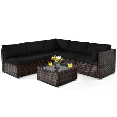 6pcs Patio Rattan Furniture Set Cushioned Sofa Coffee Table Garden