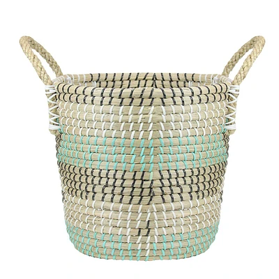 14" Natural Woven Seagrass Basket With Teal, Black And White Accents