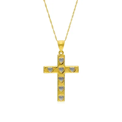 10kt 18" Cross With Tt Hearts Yellow Necklace