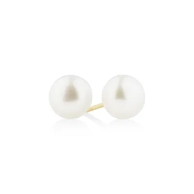 Stud Earrings With 7mm Button Cultured Freshwater Pearl In 10kt Yellow Gold