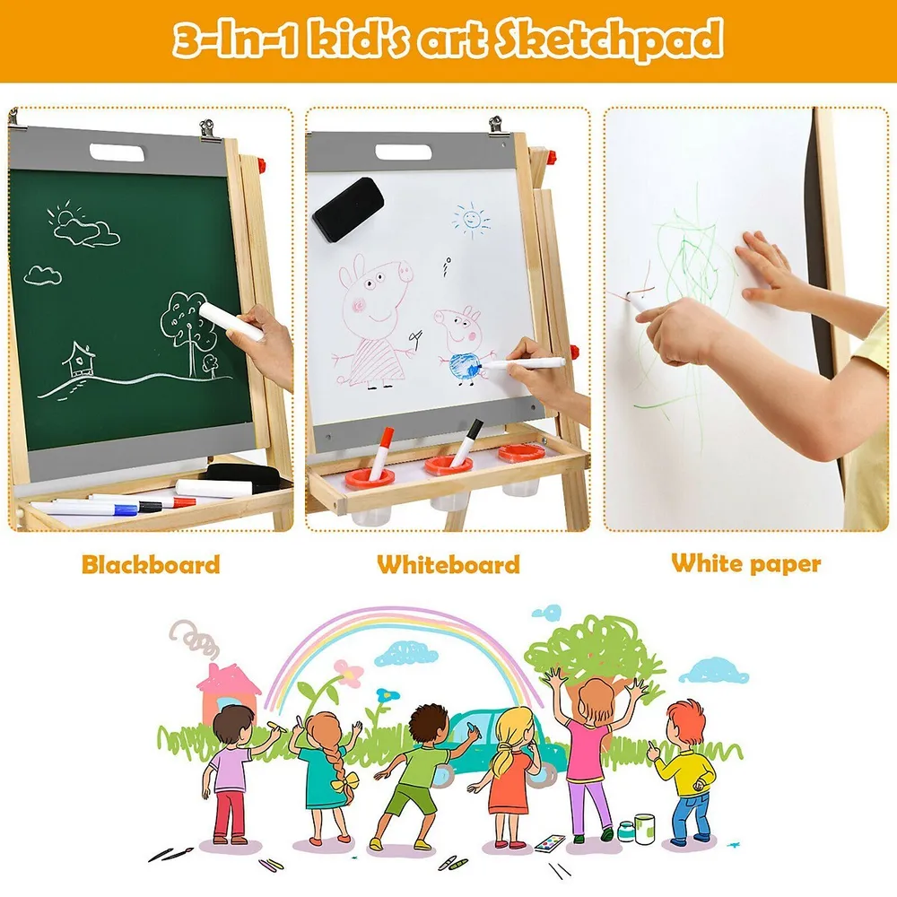 Art Easel with Paper Roll and Double-Sided Adjustable Drawing Easel Board  for Kids - Costway