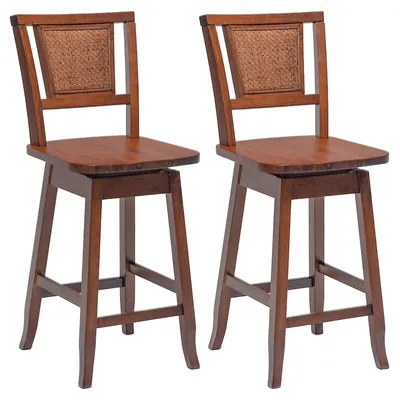 Set Of 2/4 Swivel Bar Stools Counter Height Rubber Wood Pub Chairs W/ Rattan Back