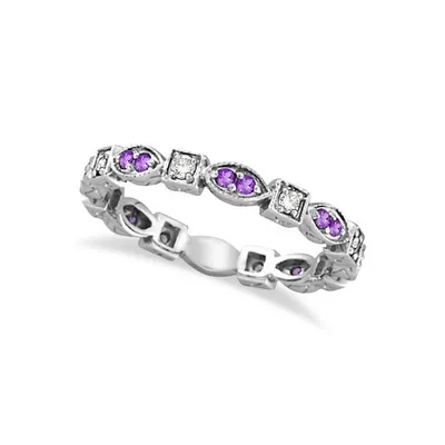 Amethyst And Diamond Eternity Anniversary Ring Band 14k White Gold