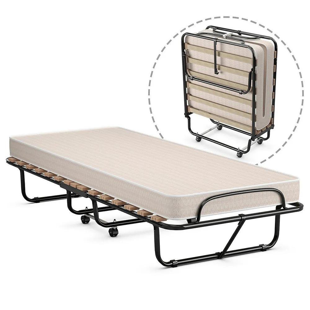 Folding Bed Rollaway Extra Guest W/ Memory Foam Mattress Made In Italy