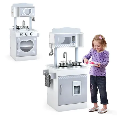 Kids Kitchen Playset Pretend Wooden Play Kitchen With Icedispenser&stovefor Toddler