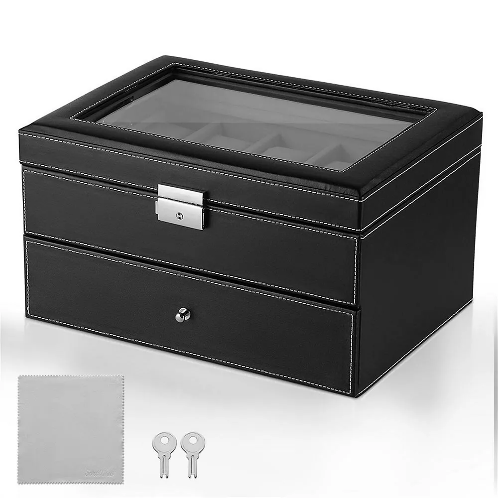 Lockable Watch Leather Box Jewelelry Storage Organizer 20 Girds 2 Tier Jewelry Case Organizer