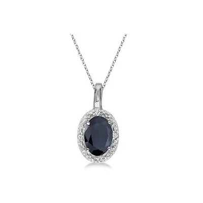 Oval Blue Sapphire And Diamond Pendant Necklace 14k White Gold (0.55ct)