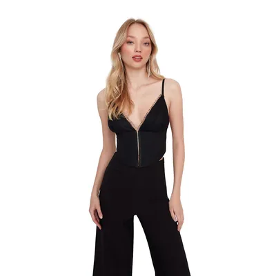 Women Glam Crop Basic V Neck Woven Bustier