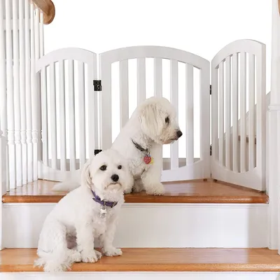 Free Standing Wood Dog Gate, Step Over Pet Fence, Foldable, Adjustable - White