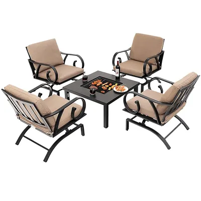 5pcs Patio Rocking Chairs 4-in-1 Fire Pit Table Heavy-duty Conversation Outdoor