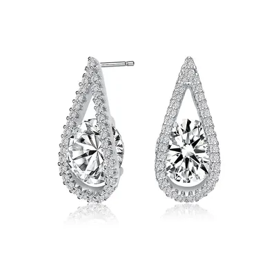 Sterling Silver White Gold Plating With Clear Cubic Zirconia Pear Halo Drop Earrings